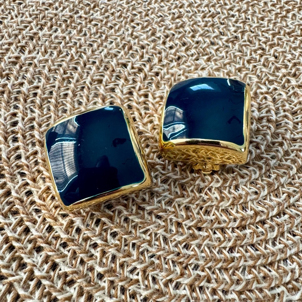 Vintage 80s C.M.Lent Gold & Navy Enamel Square Fashion Clip-On Earrings - Picture 3 of 16